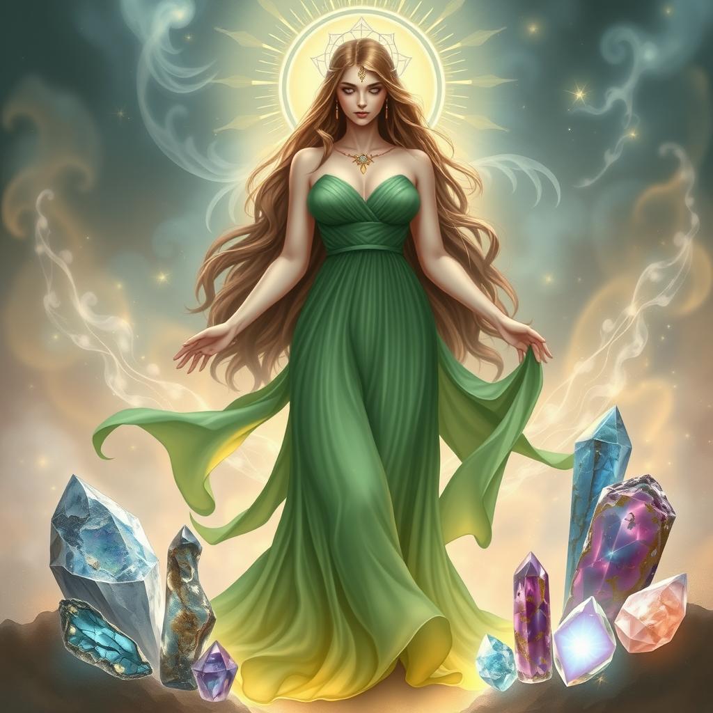 A divine depiction of the Goddess of the Page of Cups, adorned in an elegant green dress that flows with grace