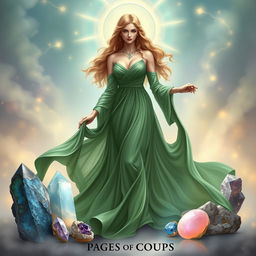 A divine depiction of the Goddess of the Page of Cups, adorned in an elegant green dress that flows with grace