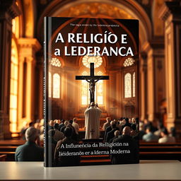 Create a book cover with the title "A Religião e a Liderança" and subtitle "A Influência da Religião na Liderança Moderna"