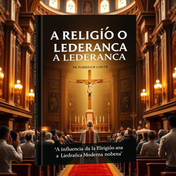 Create a book cover with the title "A Religião e a Liderança" and subtitle "A Influência da Religião na Liderança Moderna"