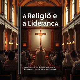 Create a book cover with the title "A Religião e a Liderança" and subtitle "A Influência da Religião na Liderança Moderna"