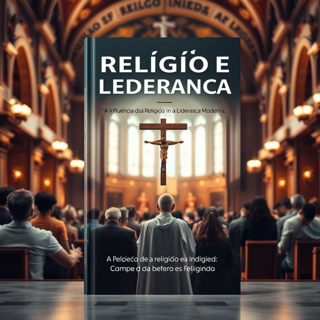 Create a book cover with the title "A Religião e a Liderança" and subtitle "A Influência da Religião na Liderança Moderna"