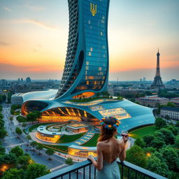 Bionic-shaped skyscraper with smooth, flowing lines and zigzags in Paris