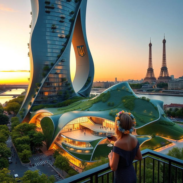 Bionic-shaped skyscraper with smooth, flowing lines and zigzags in Paris