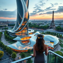 Bionic-shaped skyscraper with smooth, flowing lines and zigzags in Paris