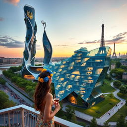 Bionic-shaped skyscraper with smooth, flowing lines and zigzags in Paris