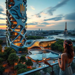 A futuristic bionic-shaped skyscraper with smooth lines and zigzags based in Paris, standing beside an office building with wave-like roofs