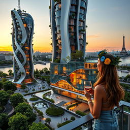 A futuristic bionic-shaped skyscraper with smooth lines and zigzags based in Paris, standing beside an office building with wave-like roofs