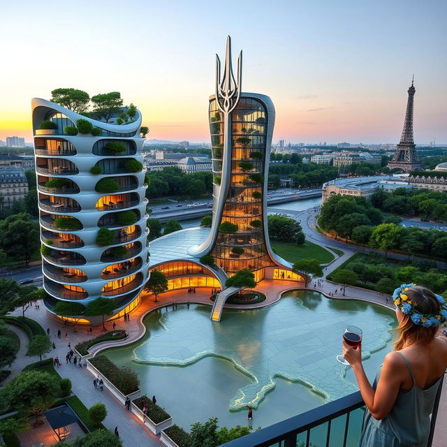 A futuristic bionic-shaped skyscraper with smooth lines and zigzags based in Paris, standing beside an office building with wave-like roofs