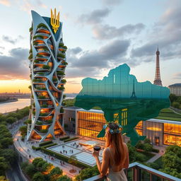 A futuristic bionic-shaped skyscraper with smooth lines and zigzags based in Paris, standing beside an office building with wave-like roofs