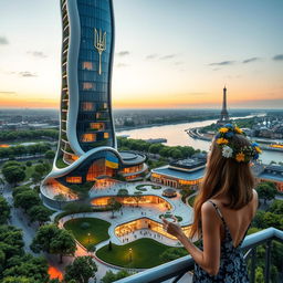 A bionic-shaped skyscraper with smooth lines and zigzags in Paris, featuring balconies adorned with green trees of various sizes