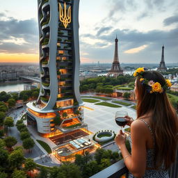 A bionic-shaped skyscraper with smooth lines and zigzags in Paris, featuring balconies adorned with green trees of various sizes