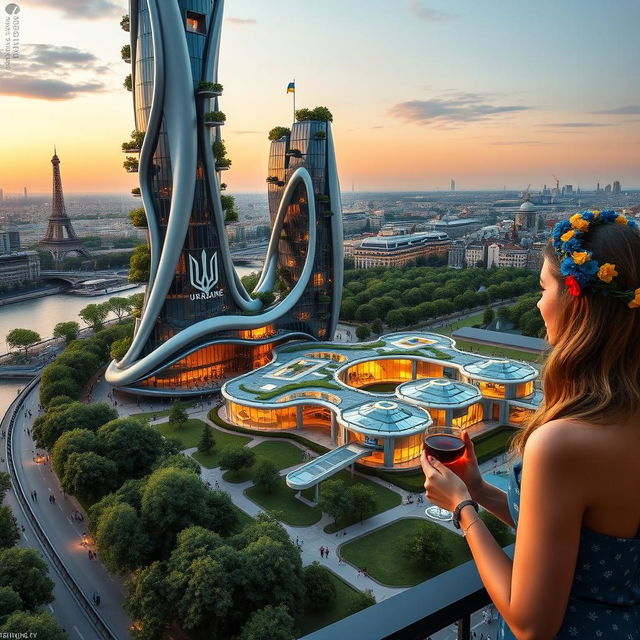 A bionic-shaped skyscraper with smooth lines and zigzags in Paris, featuring balconies adorned with green trees of various sizes