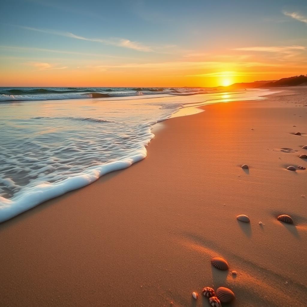 a serene and picturesque beach landscape at sunset, with soft waves gently lapping at the shore, warm golden light illuminating the area, emphasizing the natural beauty of the scene, scattered seashells and footprints in the sand adding to the peaceful atmosphere