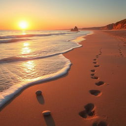 a serene and picturesque beach landscape at sunset, with soft waves gently lapping at the shore, warm golden light illuminating the area, emphasizing the natural beauty of the scene, scattered seashells and footprints in the sand adding to the peaceful atmosphere