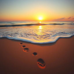 a serene and picturesque beach landscape at sunset, with soft waves gently lapping at the shore, warm golden light illuminating the area, emphasizing the natural beauty of the scene, scattered seashells and footprints in the sand adding to the peaceful atmosphere