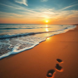 a serene and picturesque beach landscape at sunset, with soft waves gently lapping at the shore, warm golden light illuminating the area, emphasizing the natural beauty of the scene, scattered seashells and footprints in the sand adding to the peaceful atmosphere