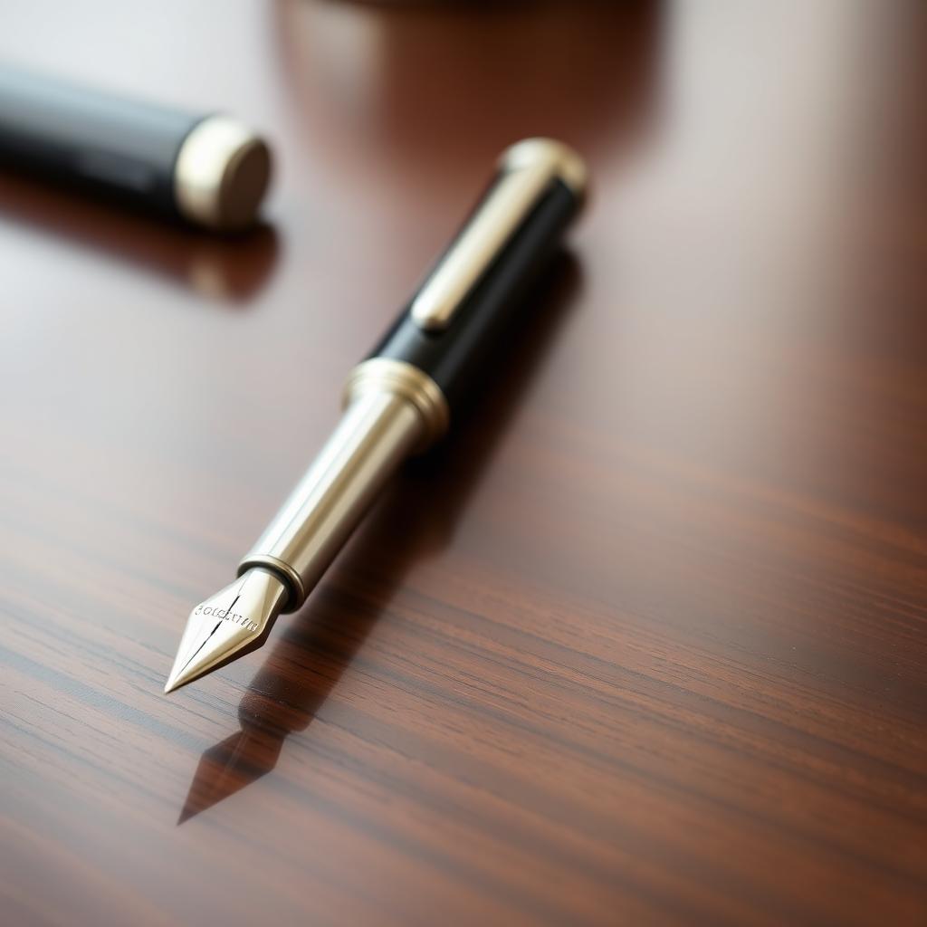 A sleek and elegant fountain pen placed on a polished wooden table surface