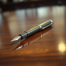 A sleek and elegant fountain pen placed on a polished wooden table surface