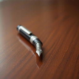 A sleek and elegant fountain pen placed on a polished wooden table surface