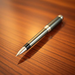 A sleek and elegant fountain pen placed on a polished wooden table surface