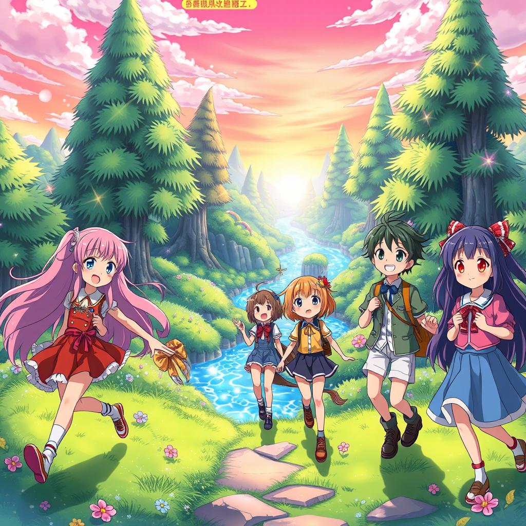 A vibrant and colorful anime scene featuring a group of five friends on a whimsical adventure in a fantastical world