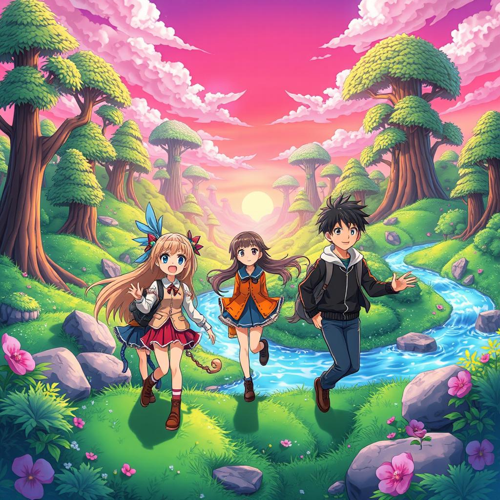 A vibrant and colorful anime scene featuring a group of five friends on a whimsical adventure in a fantastical world