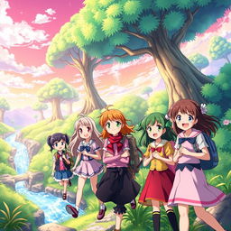 A vibrant and colorful anime scene featuring a group of five friends on a whimsical adventure in a fantastical world