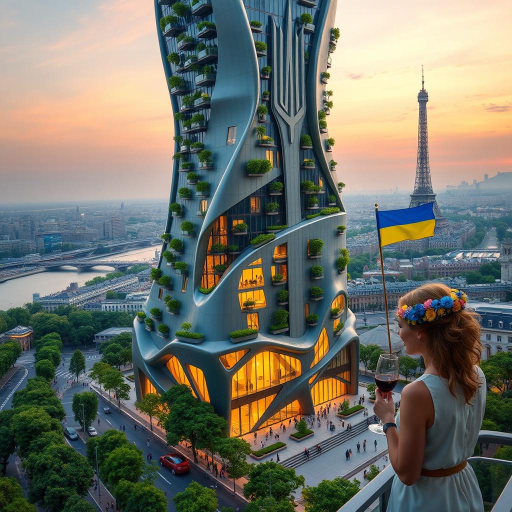 A futuristic bionic-shaped skyscraper with smooth lines and zigzags set against the Parisian skyline