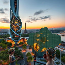 A futuristic bionic-shaped skyscraper with smooth lines and zigzags set against the Parisian skyline