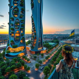 A futuristic bionic-shaped skyscraper with smooth lines and zigzags set against the Parisian skyline