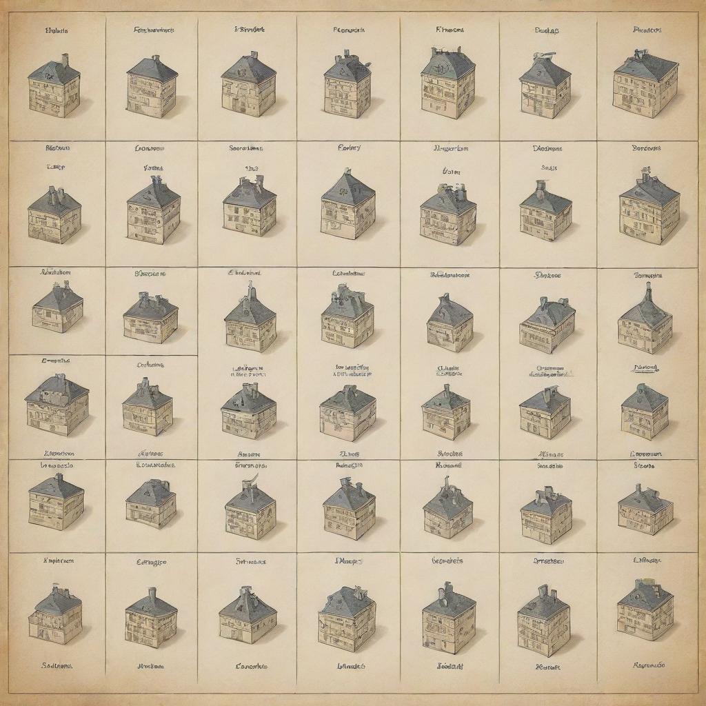 Create an educational poster showcasing 15 separate boxes, each containing a French preposition of place with artistic stylized font
