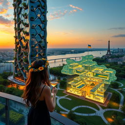 A realistic sunset scene of a bionic skyscraper with flowing lines and zigzags, featuring wave-shaped roofs on the lower office section