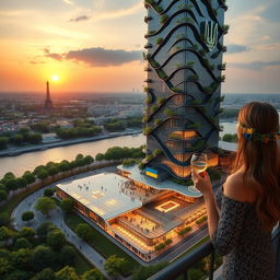 A realistic sunset scene of a bionic skyscraper with flowing lines and zigzags, featuring wave-shaped roofs on the lower office section