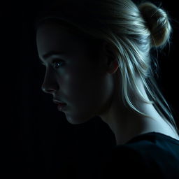 A young white woman depicted in profile, her face illuminated softly against a dark room