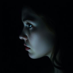 A young white woman depicted in profile, her face illuminated softly against a dark room