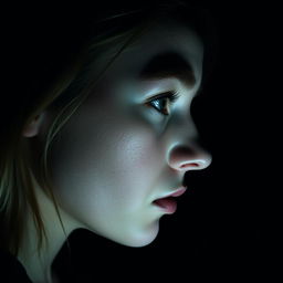 A young white woman depicted in profile, her face illuminated softly against a dark room