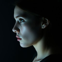 A young white woman depicted in profile, her face illuminated softly against a dark room