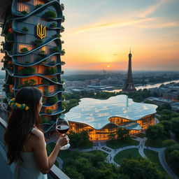 A realistic sunset scene of a bionic skyscraper with flowing lines and zigzags, featuring wave-shaped roofs on the lower office section