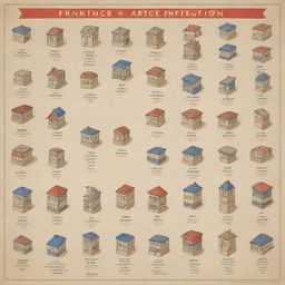 Create an educational poster showcasing 15 separate boxes, each containing a French preposition of place with artistic stylized font