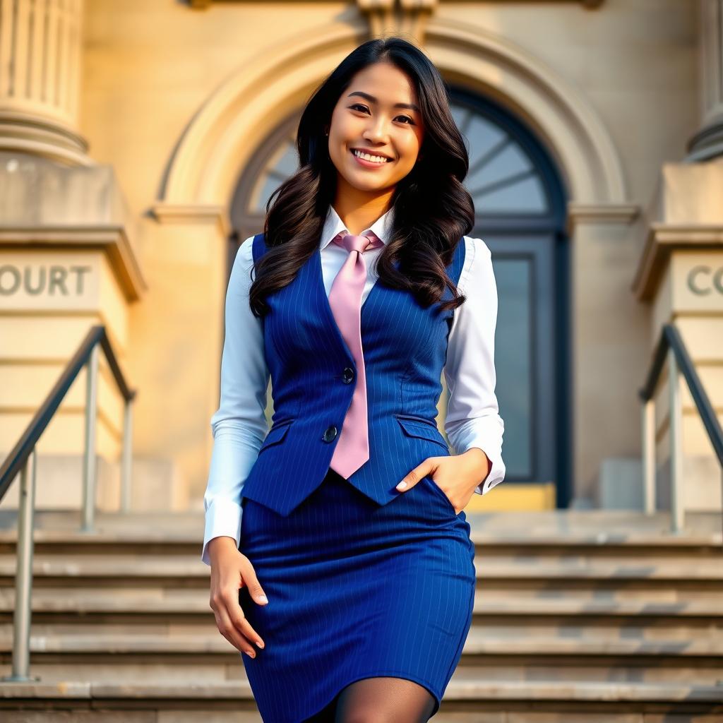 A beautiful 32-year-old Asian woman with long black wavy hair, confidently standing on the steps of a historical courthouse