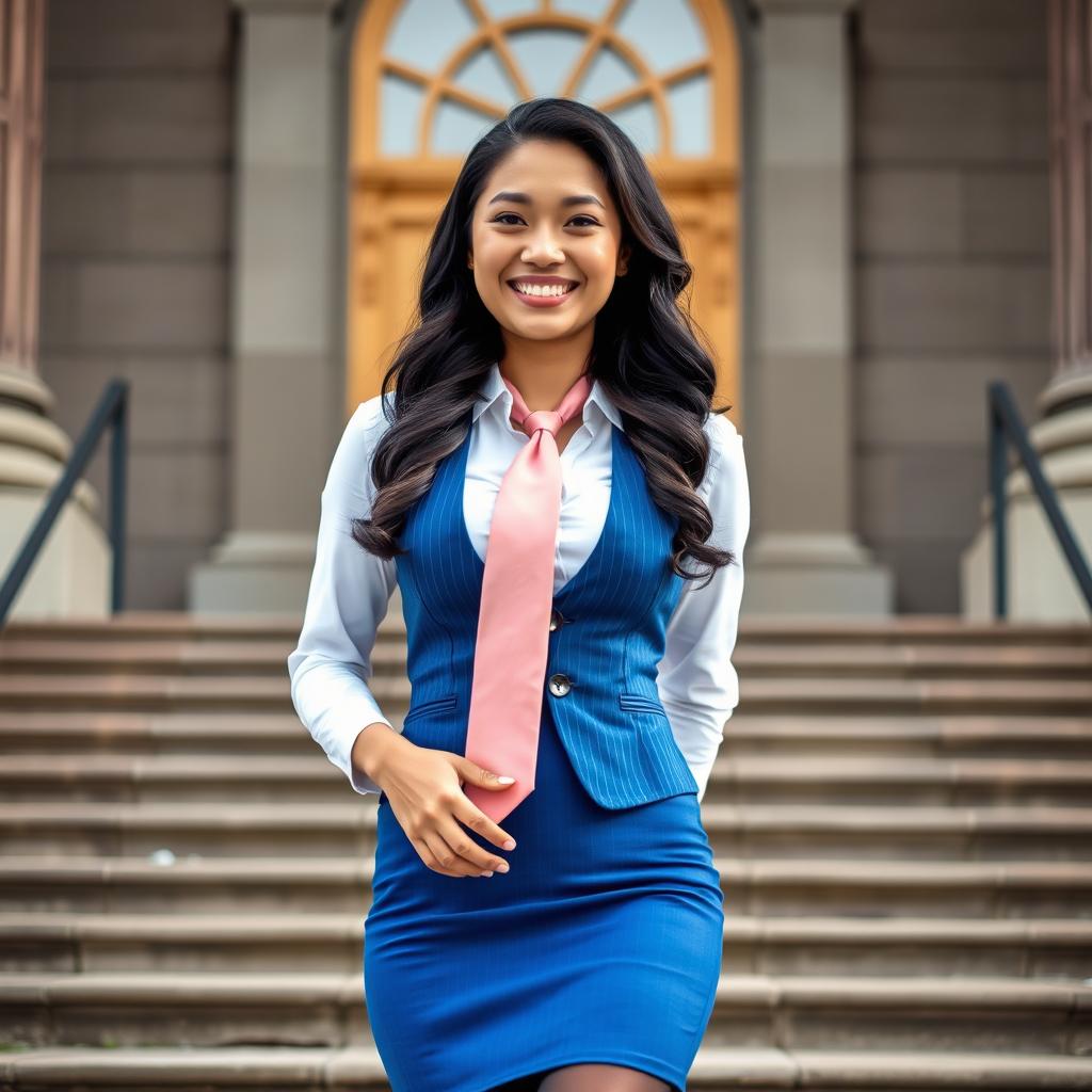 A beautiful 32-year-old Asian woman with long black wavy hair, confidently standing on the steps of a historical courthouse