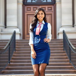 A beautiful 32-year-old Asian woman with long black wavy hair, confidently standing on the steps of a historical courthouse