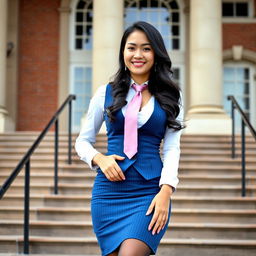 A beautiful 32-year-old Asian woman with long black wavy hair, confidently standing on the steps of a historical courthouse