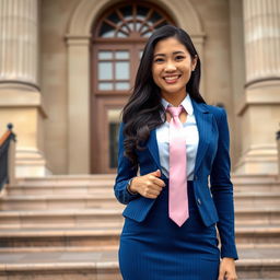 A beautiful 32-year-old Asian woman with long black wavy hair, confidently standing on the steps of a historical courthouse