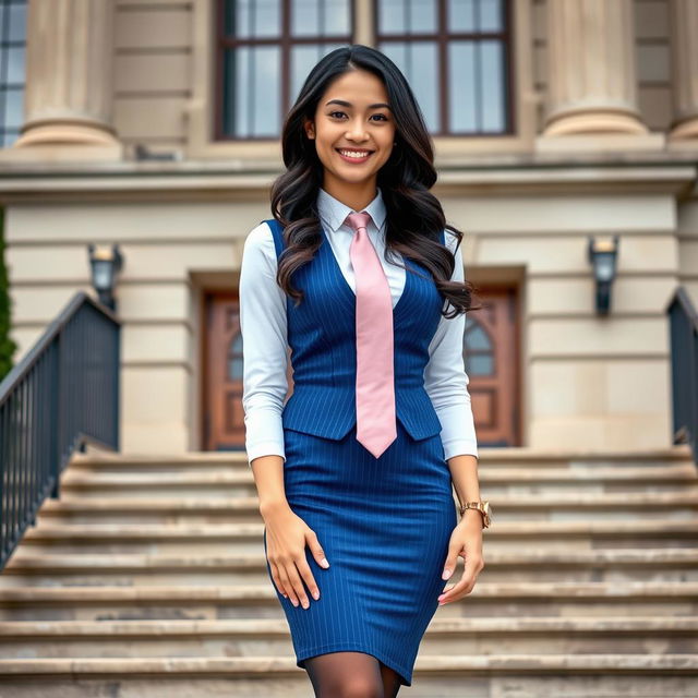 A beautiful 32-year-old Asian woman with long black wavy hair, confidently standing on the steps of a historical courthouse