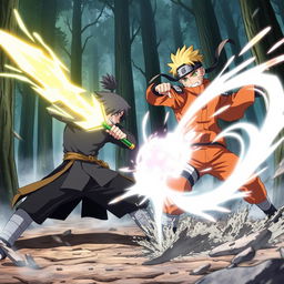 An epic battle scene between characters from Jujutsu Kaisen and Naruto