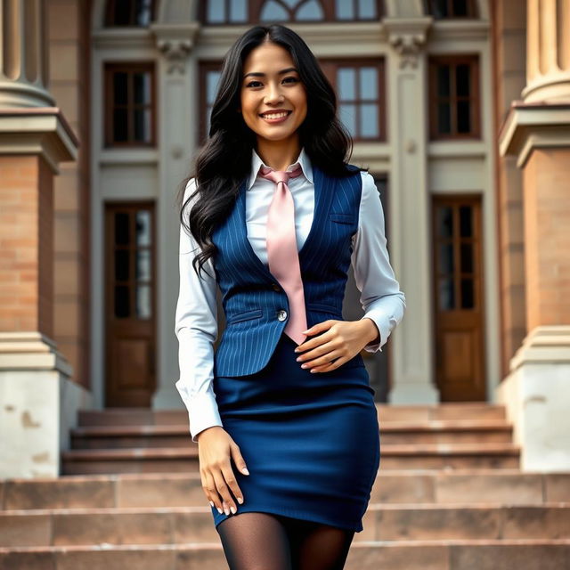 A beautiful and slim 42-year-old Asian woman with long black wavy hair, confidently standing on the steps of a historical courthouse