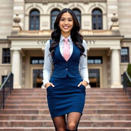 A beautiful and slim 42-year-old Asian woman with long black wavy hair, confidently standing on the steps of a historical courthouse