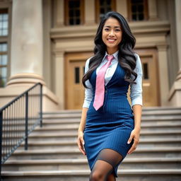 A beautiful and slim 42-year-old Asian woman with long black wavy hair, confidently standing on the steps of a historical courthouse